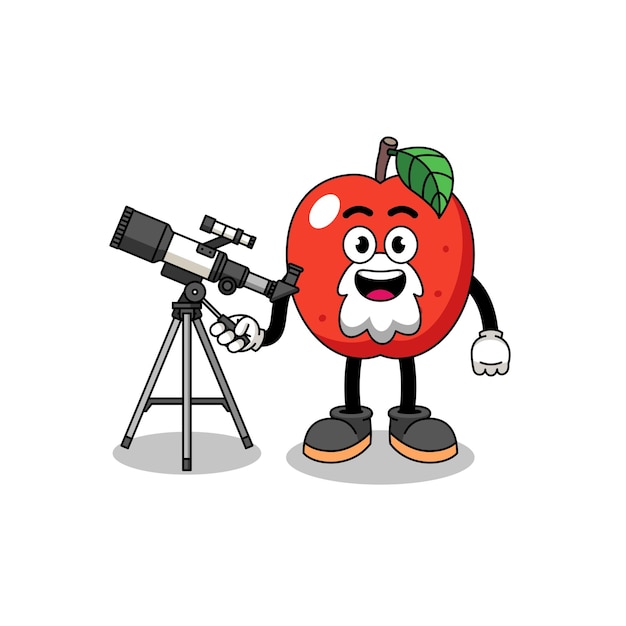 Ilustración de la mascota de la manzana como diseño de personajes de un astrónomo