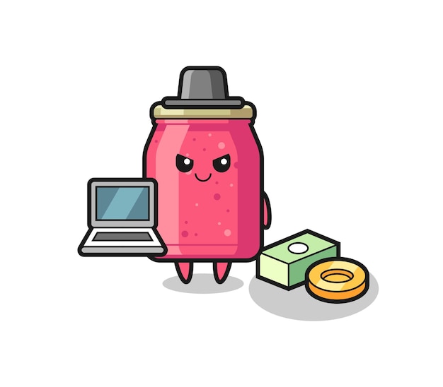 Ilustración de mascota de mermelada de fresa como hacker, diseño lindo