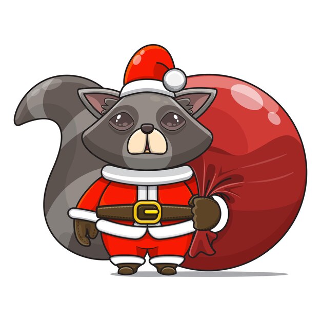 Ilustración de la mascota del monstruo animal lindo que lleva el traje de santa que lleva el bolso del paquete de santa