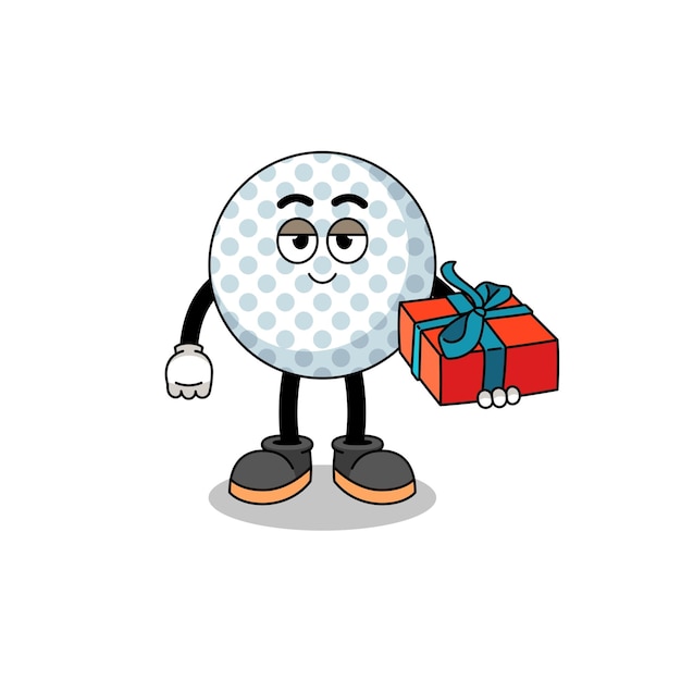 Ilustración de mascota de pelota de golf dando un regalo