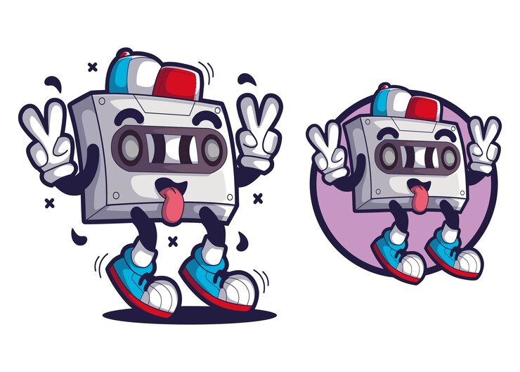Ilustración de mascota de personaje de dibujos animados de casete antiguo