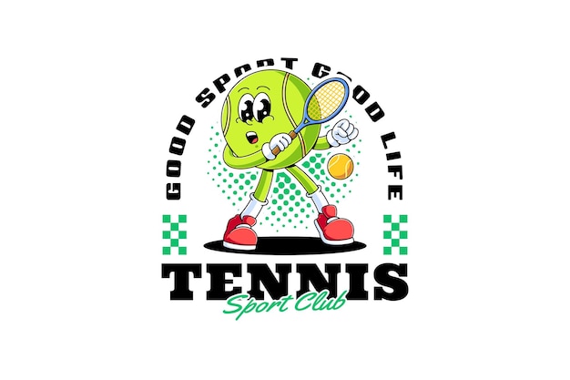 Ilustración de la mascota del personaje de dibujos animados retro de la pelota de tenis con el retorno de la postura de servicio y la retención de la raqueta