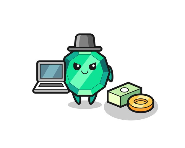 Ilustración de la mascota de la piedra preciosa esmeralda como hacker