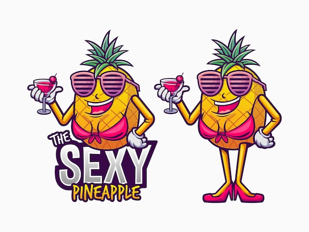 Ilustración de mascota de piña con bikini