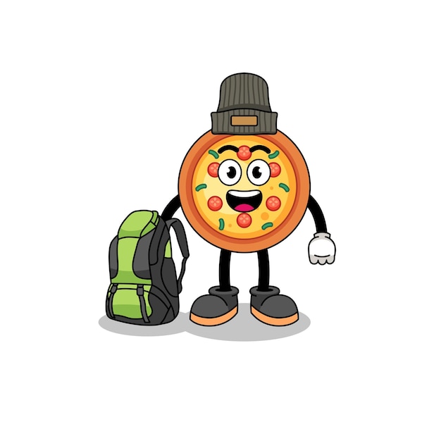 Ilustración de la mascota de la pizza como excursionista