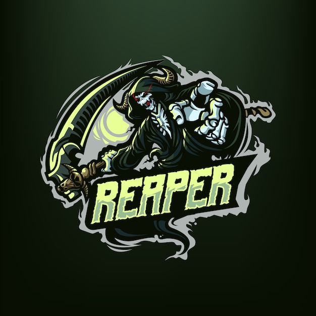 Ilustración de la mascota Reaper para deportes y esports Logo aislado sobre fondo verde oscuro