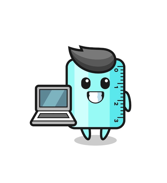 Ilustración de la mascota de la regla con un diseño de estilo lindo de la computadora portátil para el elemento del logotipo de la etiqueta de la camiseta