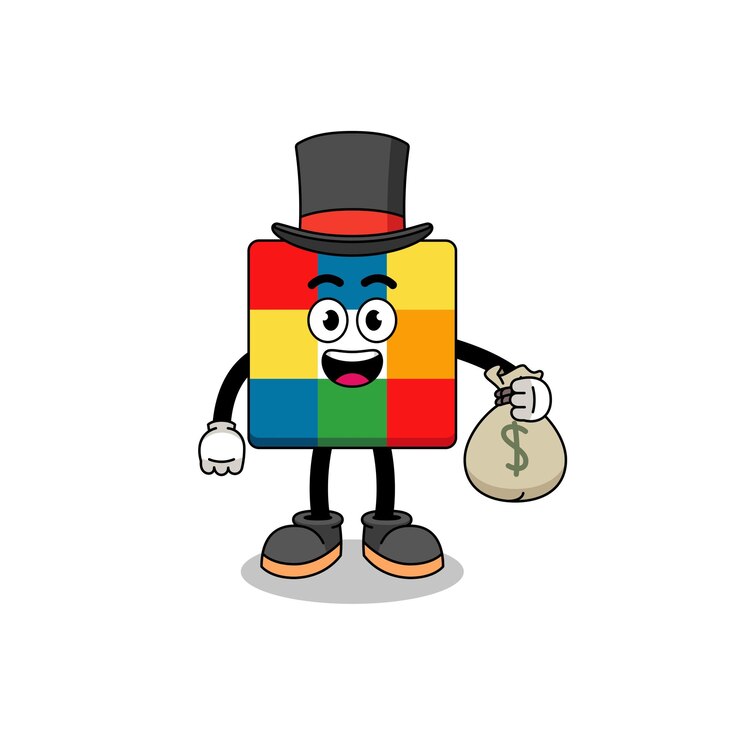 Vector ilustración de mascota de rompecabezas de cubo hombre rico sosteniendo un diseño de personaje de saco de dinero