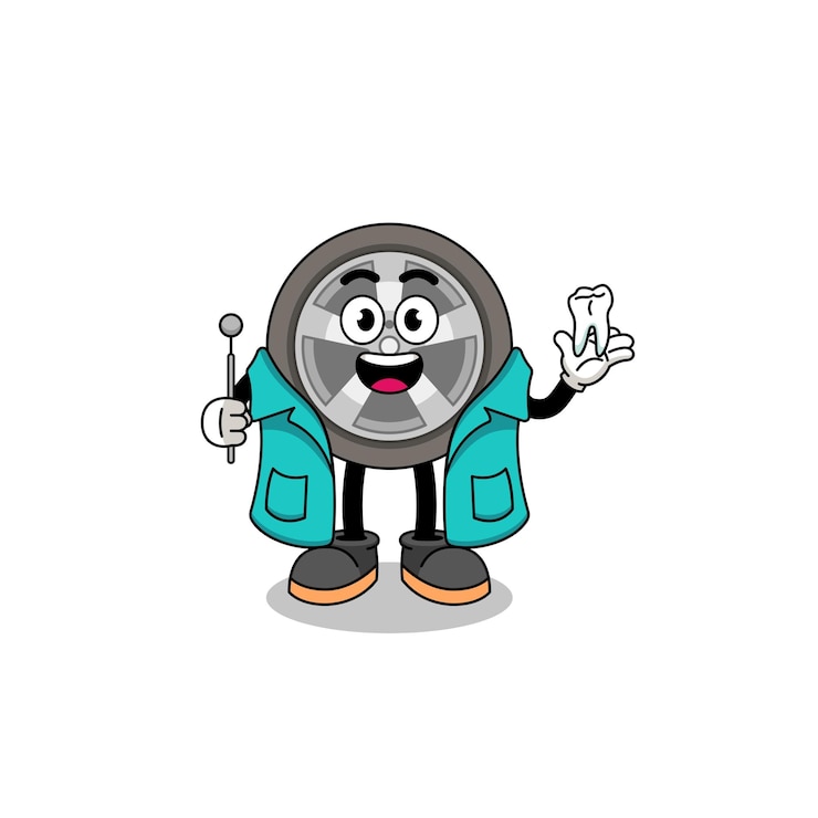 Vector ilustración de la mascota de la rueda del coche como dentista