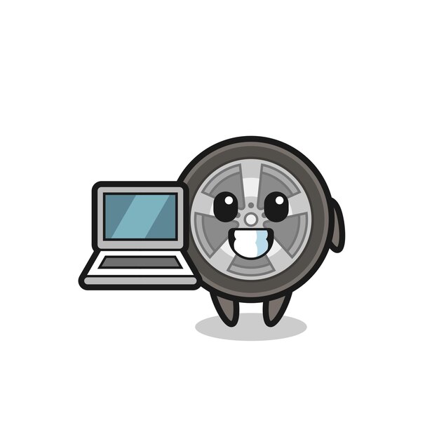 Ilustración de la mascota de la rueda del coche con una computadora portátil