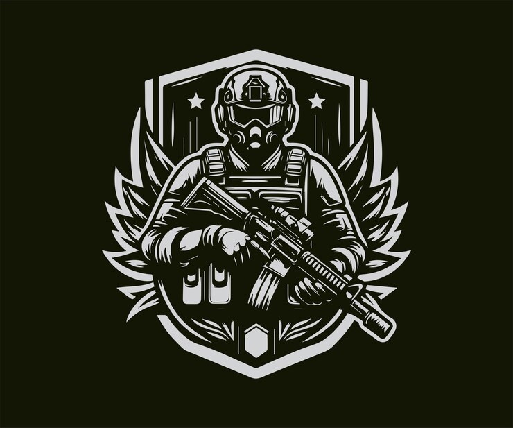 Ilustración de la mascota de un soldado sosteniendo un rifle de asalto visto desde el frente dentro del escudo