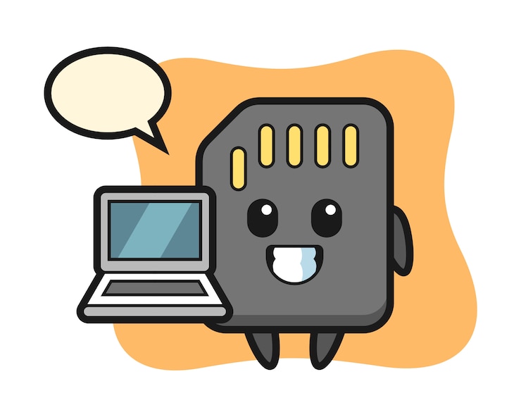 Vector ilustración de mascota de tarjeta sd con una computadora portátil, diseño de estilo lindo para camiseta