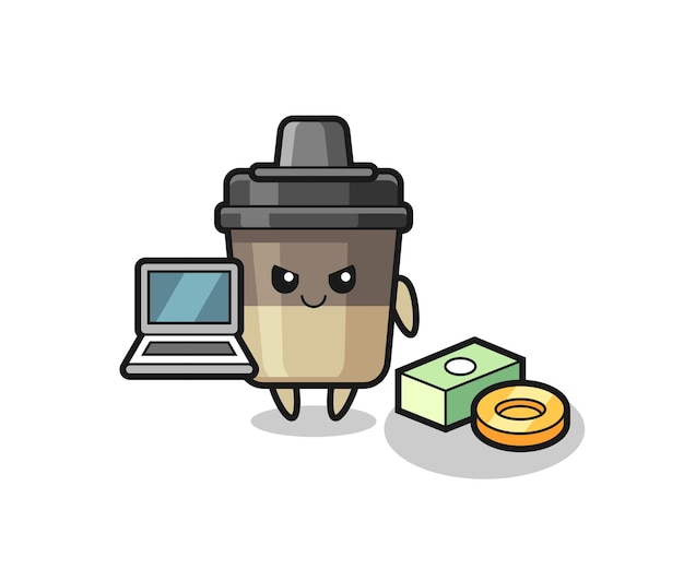Ilustración de mascota de taza de café como hacker, diseño de estilo lindo para camiseta, pegatina, elemento de logotipo