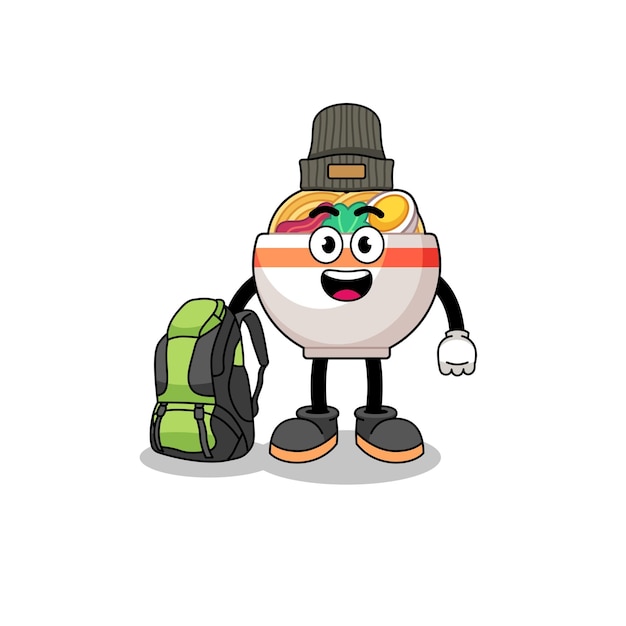 Ilustración de la mascota del tazón de fideos como excursionista
