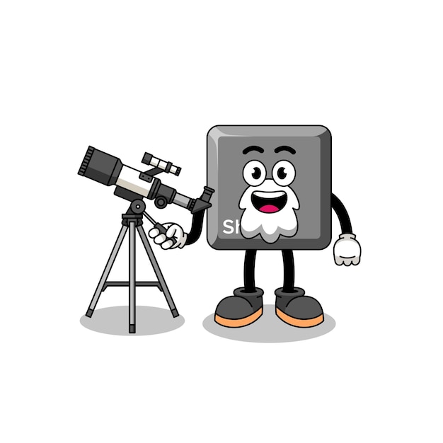 Ilustración de la mascota de la tecla shift del teclado como astrónomo