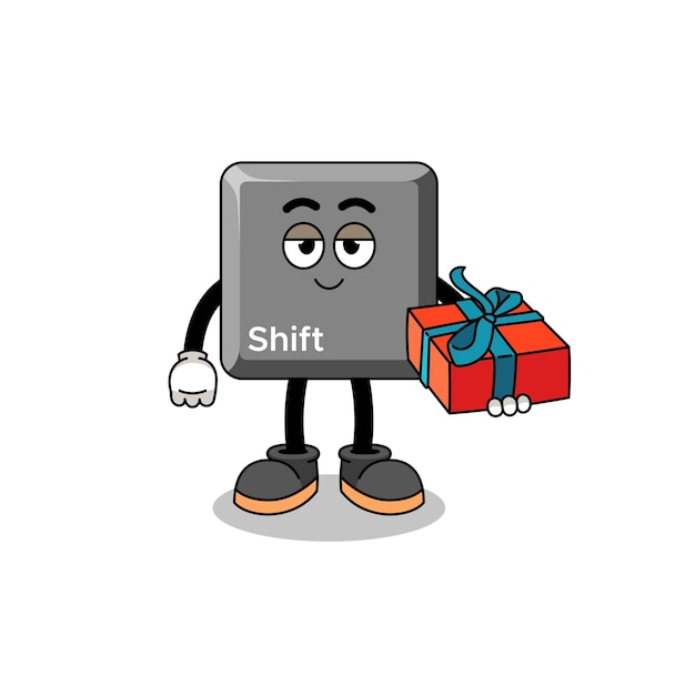 Ilustración de la mascota de la tecla shift del teclado dando un regalo