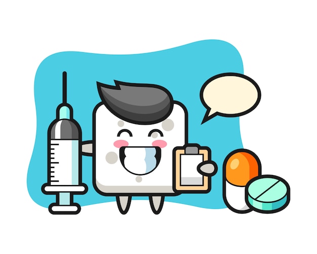 Ilustración de la mascota del terrón de azúcar como médico, estilo lindo para camiseta, pegatina, elemento de logotipo