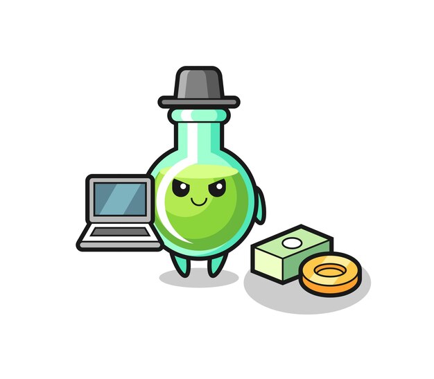 Ilustración de mascota de vasos de laboratorio como hacker, diseño de estilo lindo para camiseta, pegatina, elemento de logotipo