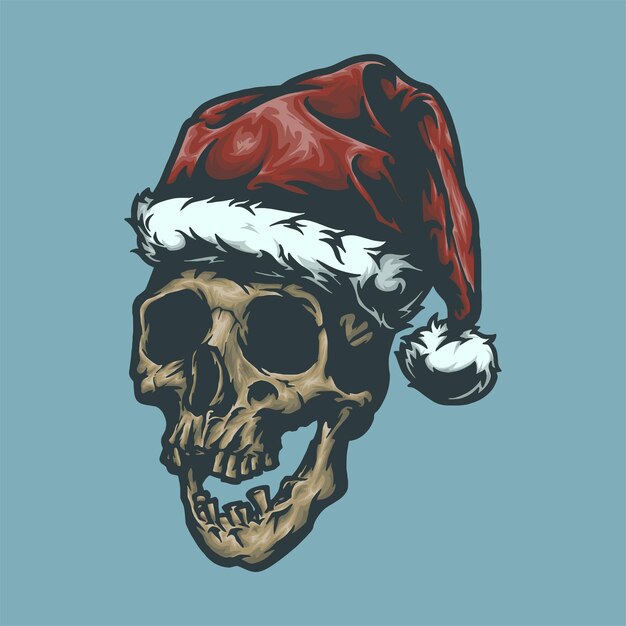 Ilustración de mascota de vector de feliz Navidad con cabeza de calavera de Santa dibujada a mano