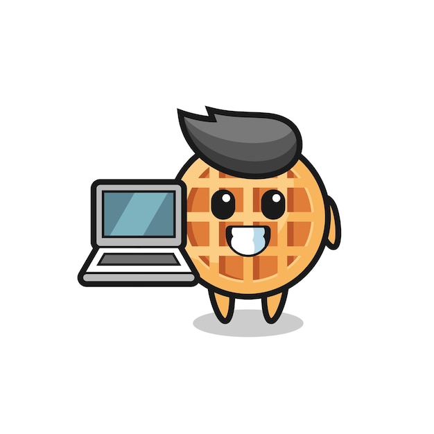 Ilustración de mascota de waffle circular con una computadora portátil, diseño lindo