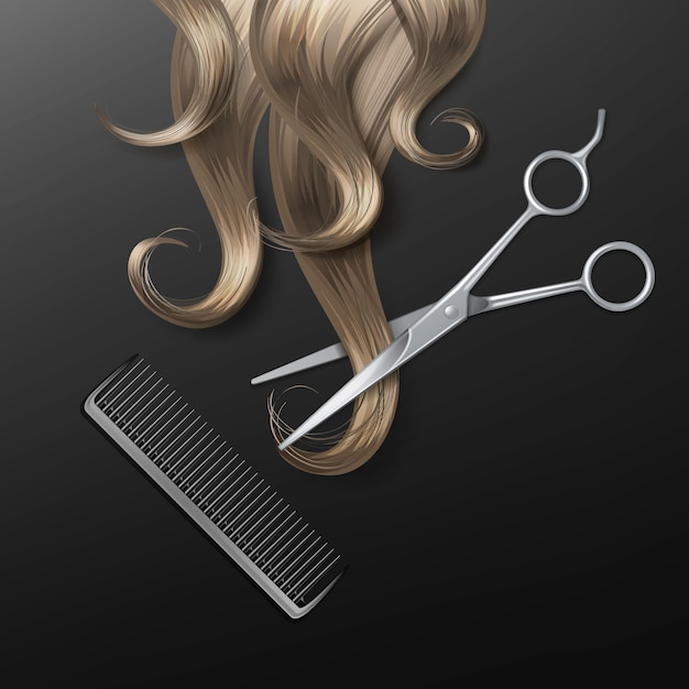 Ilustración de mechón de cabello con tijeras realistas y peine