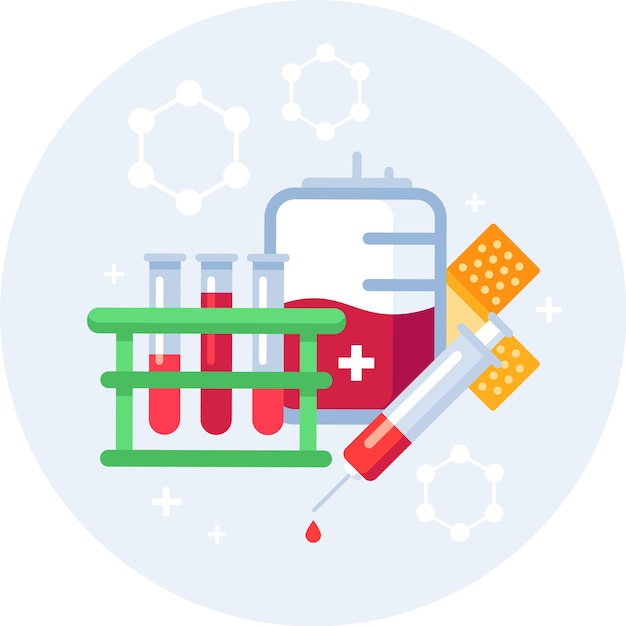 Ilustración médica que representa una bolsa de sangre, tubos de ensayo, jeringa y vendajes que representan el concepto de transfusión de sangre y atención médica