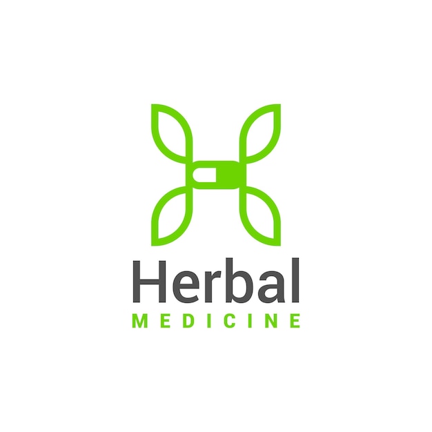 Ilustración medicamento a base de hierbas o píldora de cápsula y diseño de logotipo de letra h