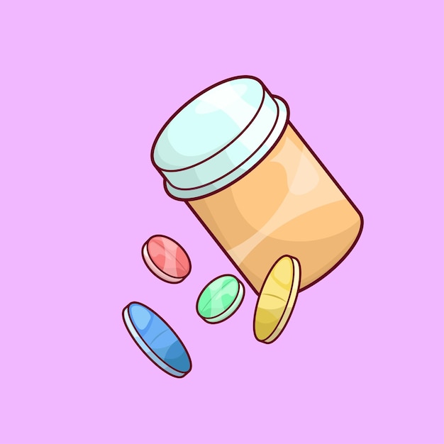 Ilustración de medicamentos con pastillas y contenedor