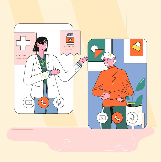 Una ilustración de un médico hablando con un paciente.