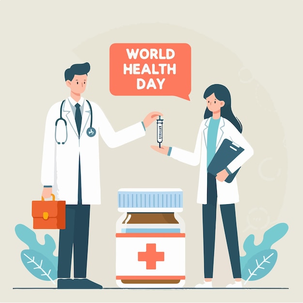 Ilustración de médico y medicina con texto Día Mundial de la Salud