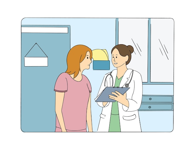 Ilustración del médico y el paciente hablando sobre los resultados del examen.