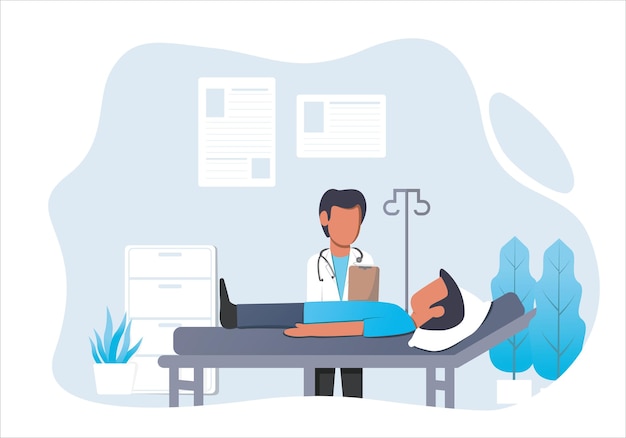 Ilustración de médico y paciente en el hospital.