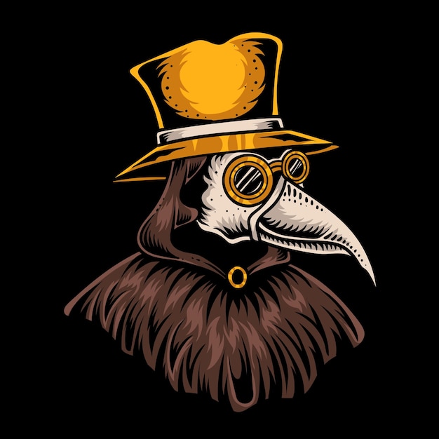 Ilustración de un médico de la plaga con máscara de pájaro y sombrero sobre fondo negro