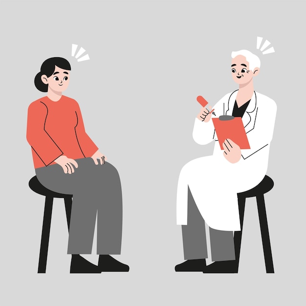 Ilustración de un médico de sexo masculino mayor que examina a una mujer. Ilustración de diseño de vector de estilo plano