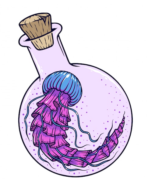 Vector ilustración de medusas y botellas de vidrio