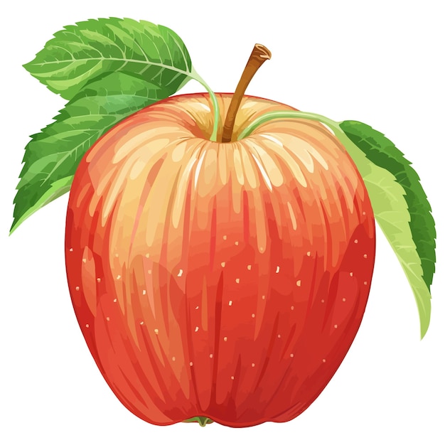 una ilustración de un melocotón con una hoja verde y una manzana roja en él