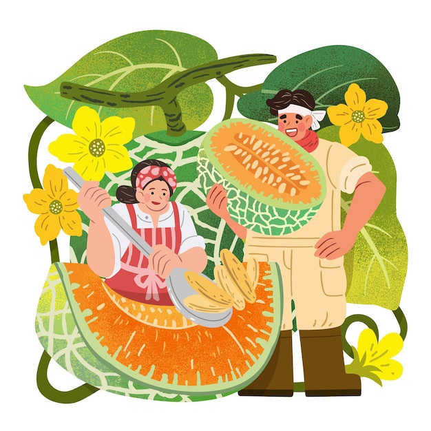 Ilustración de un melón y una pareja