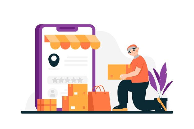 Ilustración de un mensajero llevando un paquete de un cliente de recogida en línea
