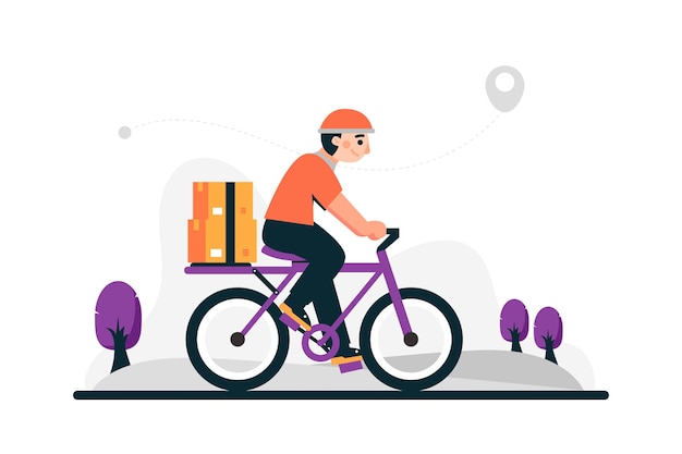 Ilustración de un mensajero de paquetes entregando un paquete en bicicleta
