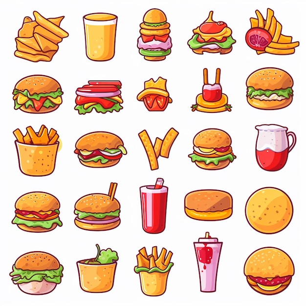 Ilustración de menú de alimentos vectorial comida carne restaurante popular bocadillo almuerzo conjunto icono cena