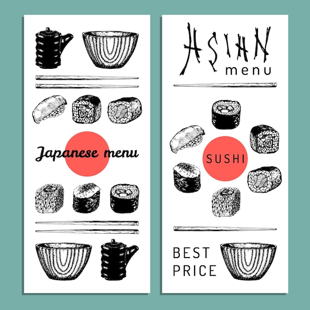 Ilustración de menú asiático dibujado a mano vectorial Juego de sushi bosquejado a mano Diseño de vajilla de comida japonesa para restaurante cafetería, etc. Rollos salsa de soja sopa palillos dibujos