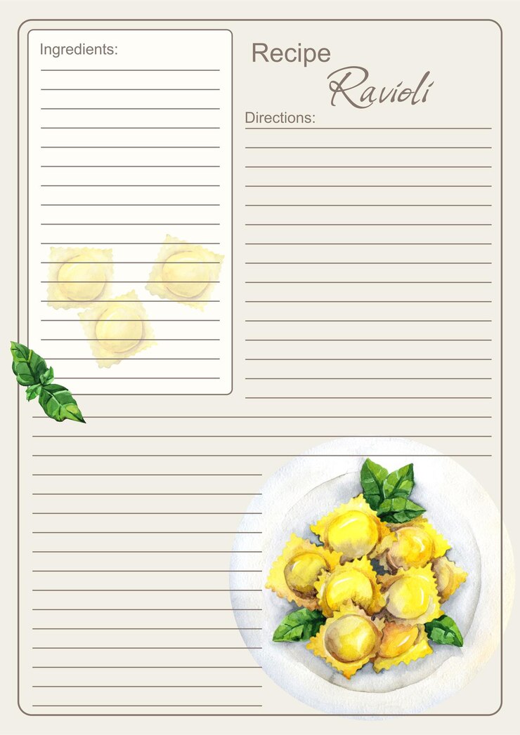 Vector ilustración del menú. receta en blanco. receta de canelones. páginas en blanco del libro culinario. cocina italiana