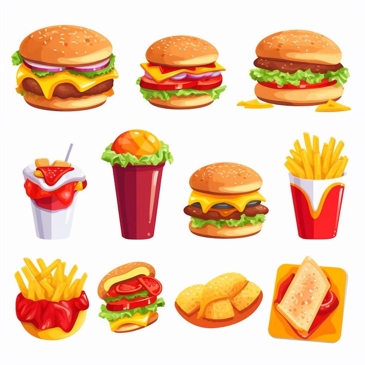 Vector ilustración del menú de un restaurante de hamburguesas de comida vectorial comida rápida de pizza diseño de caricaturas