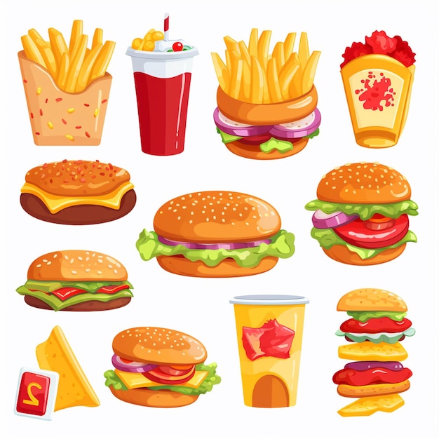 Ilustración del menú de un restaurante de hamburguesas de comida vectorial comida rápida de pizza diseño de caricaturas