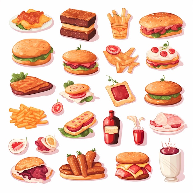 Ilustración de menú vectorial comida comida de carne restaurante popular conjunto de almuerzo icono cena bocadillo