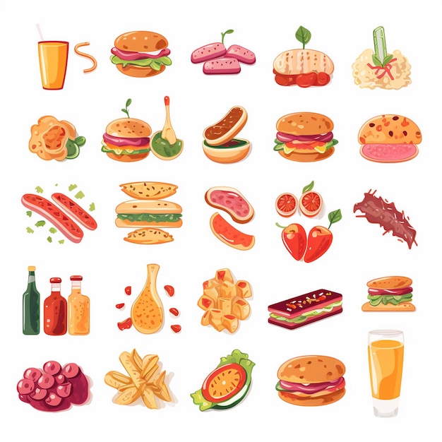 Ilustración de menú vectorial comida comida de carne restaurante popular conjunto de almuerzo icono cena bocadillo