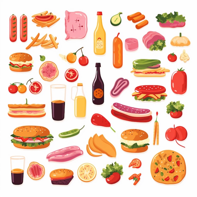 Ilustración de menú vectorial comida comida de carne restaurante popular conjunto de almuerzo icono cena bocadillo