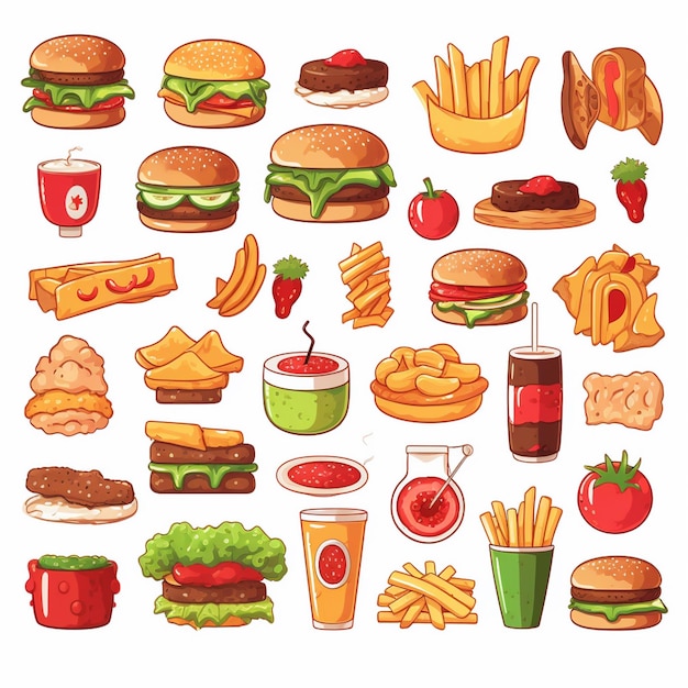 Ilustración de menú vectorial comida comida de carne restaurante popular conjunto de almuerzo icono cena bocadillo