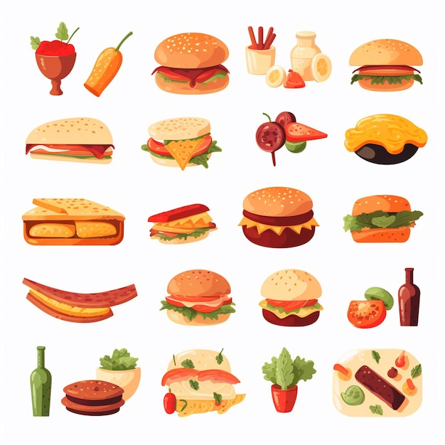 Ilustración de menú vectorial comida comida de carne restaurante popular conjunto de almuerzo icono cena bocadillo