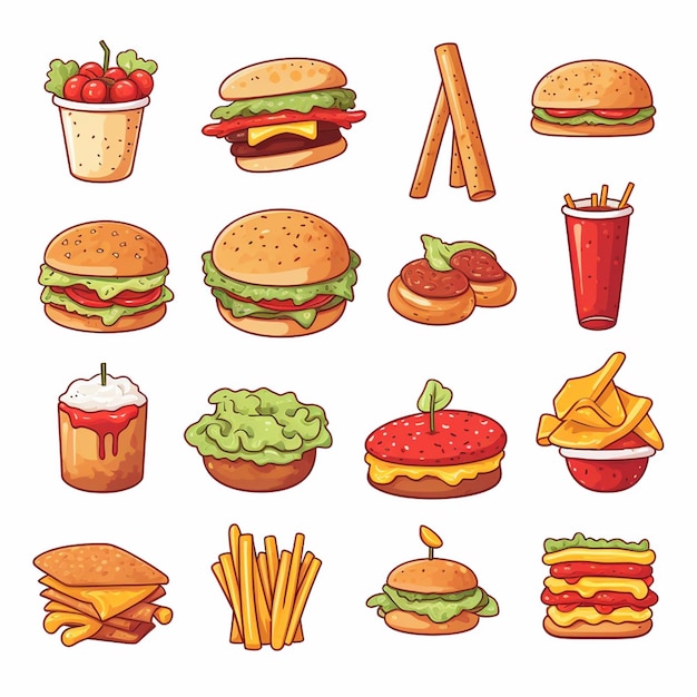 Ilustración de menú vectorial comida comida de carne restaurante popular conjunto de almuerzo icono cena bocadillo